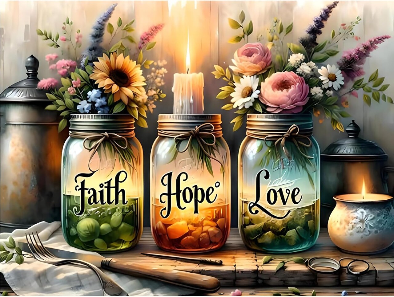 Faith, Hope, Love Wishing Bottle Stamped Cross Stitch Kit – Beginner-Friendly 11CT Pre-Printed Canvas with Threads & Needles, DIY Embroidery for Adults, 12×16 Inch